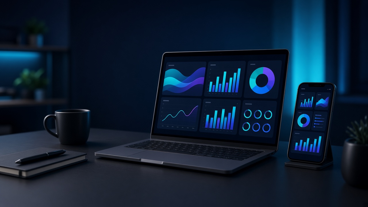 Panel de gestión y analítica de Odoo en portátil y móvil